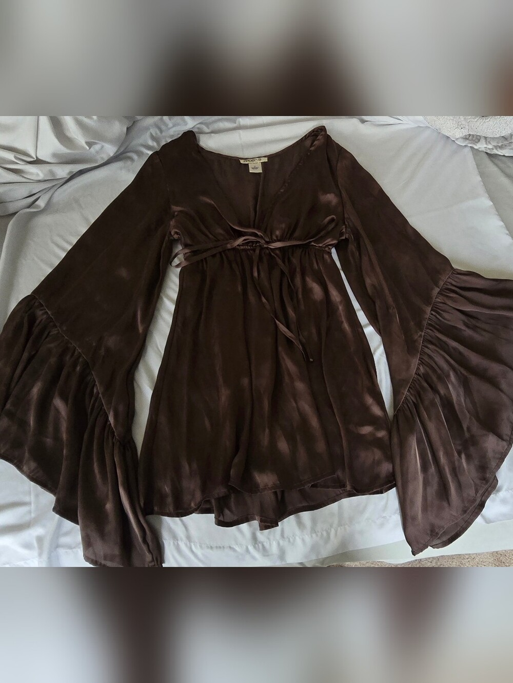 Arden B Brown Satin / Silk Bell-Sleeve V-Neck Babydoll / Lingerie